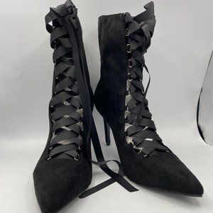 Black Suede Pointy Toe Lace Up Ankle Boots Heels